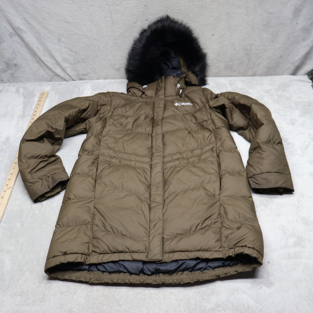 Columbia Jacket Women Small Green Peak to Park Insulated Faux Fur Hood Trim Puff